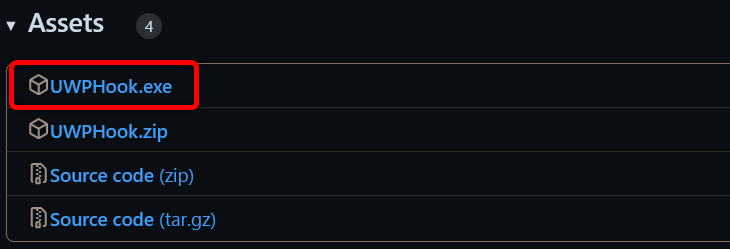 Страница UWPHook на GitHub: раздел Assets и скачивание исполняемого файла