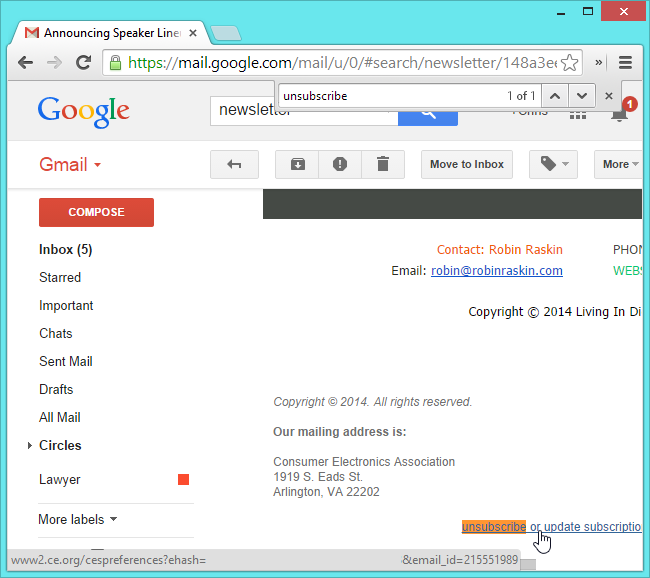 Ссылка «Отписаться» внизу письма