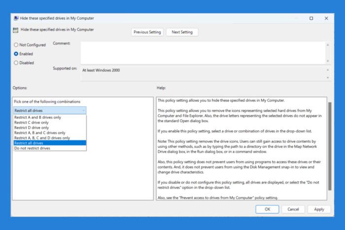 Скрыть локальные диски в Windows 11