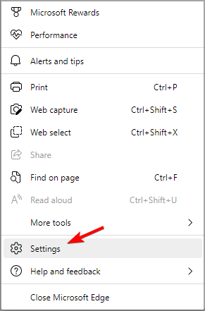 Снимок экрана: меню настроек Edge