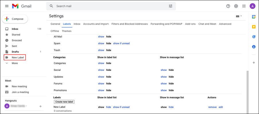New label option in left pane 