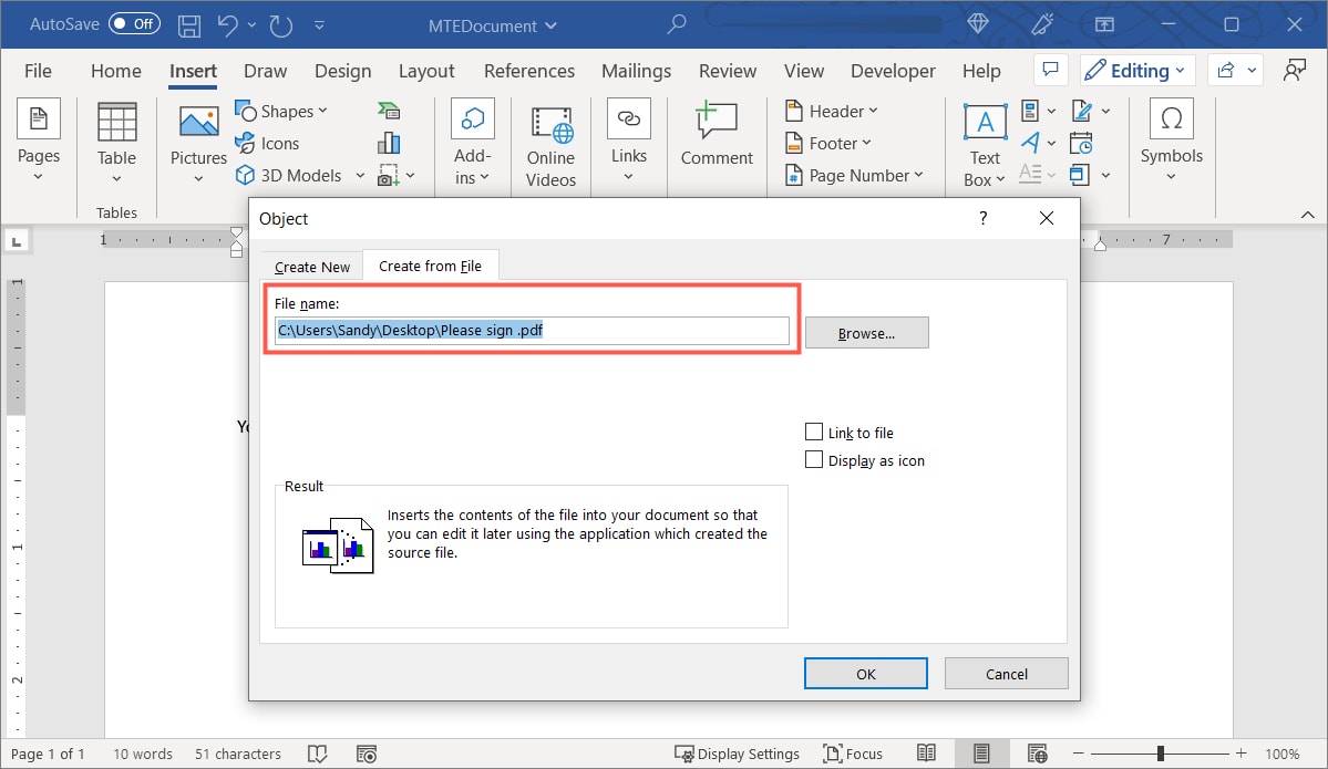 Поле Имя файла с путем к PDF