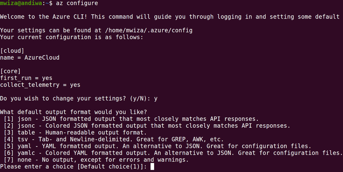 экраны настроек Azure CLI с выбором формата вывода и параметров телеметрии