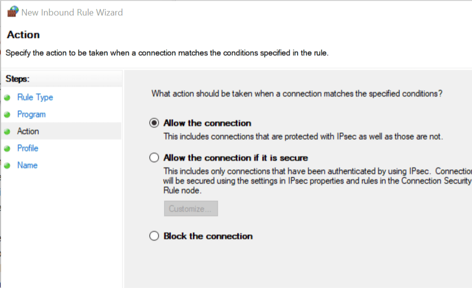 Разрешение подключений в брандмауэре Defender