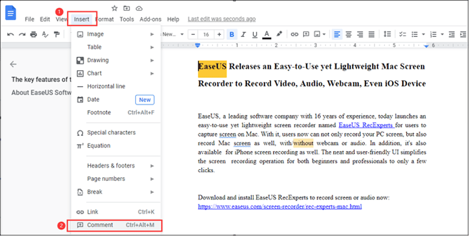 Комментирование PDF через Google Docs: появление окна комментария