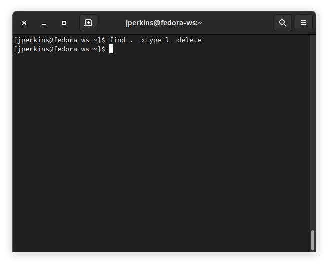 Ejecución de find con -delete para borrar enlaces rotos