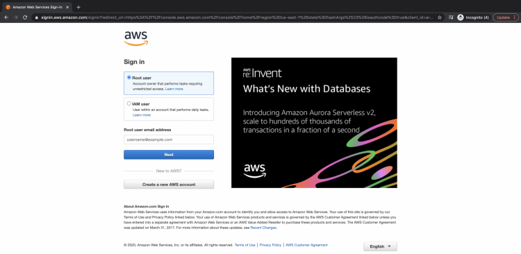 Страница входа AWS