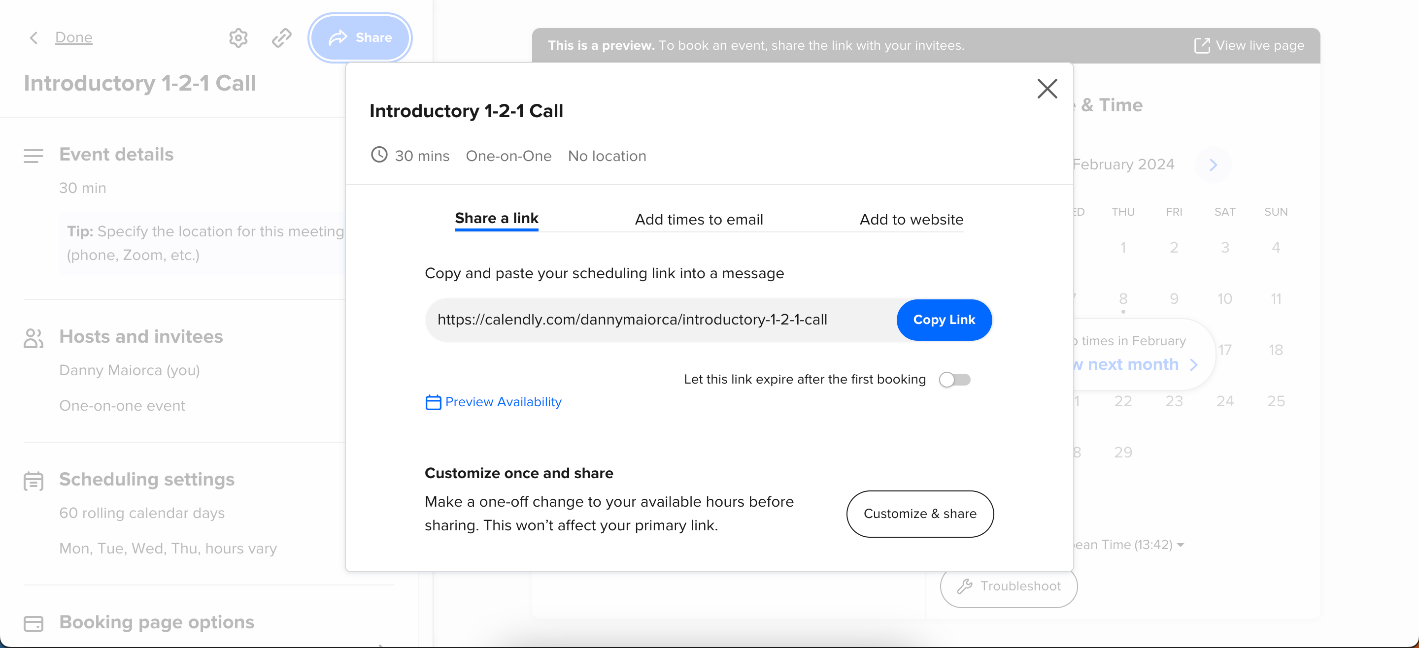 Копирование ссылки на событие в Calendly для отправки гостям