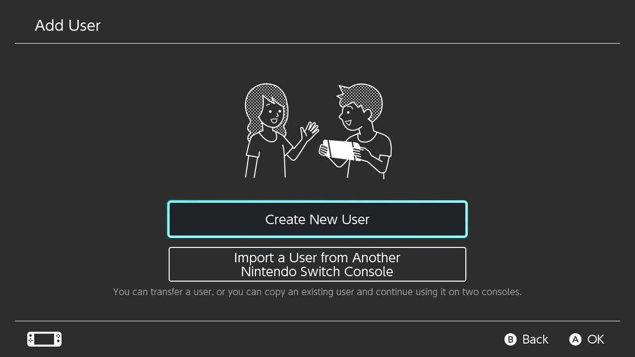 Скриншот опции Создать нового пользователя на Nintendo Switch