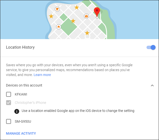 Экран настроек истории местоположений в Google на Android