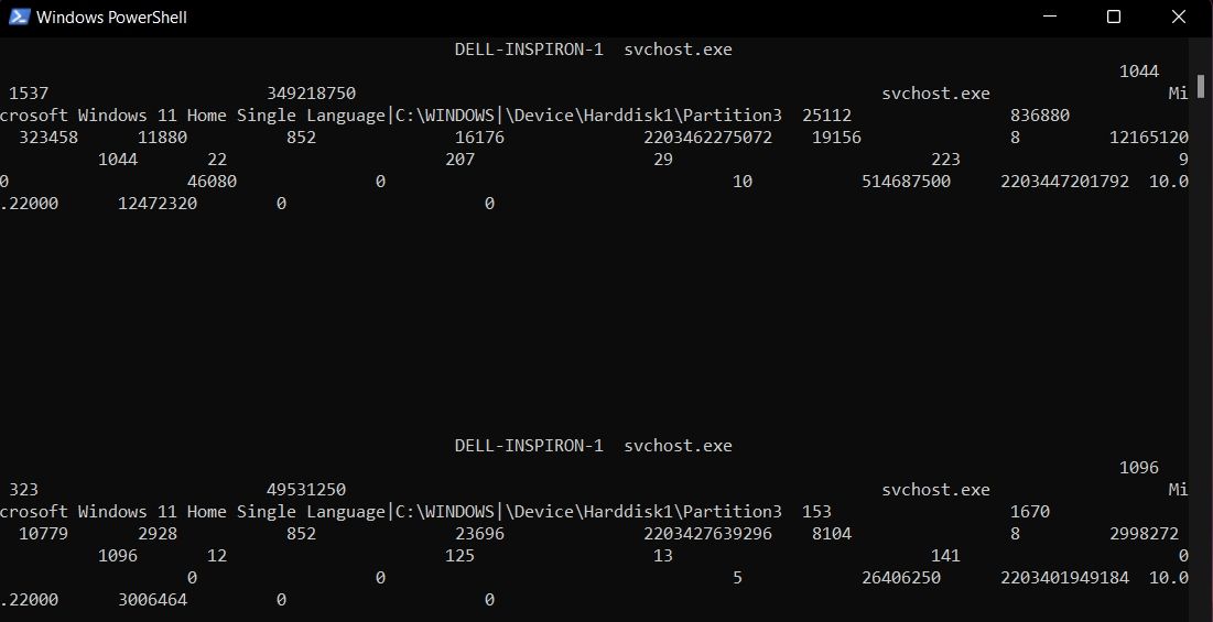 Снимок Windows PowerShell с выводом фоновых процессов