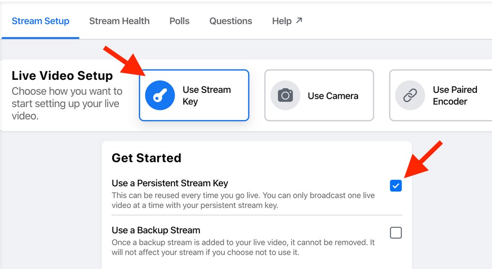 Страница Live Producer с опцией использования Stream Key и Persistent Stream Key