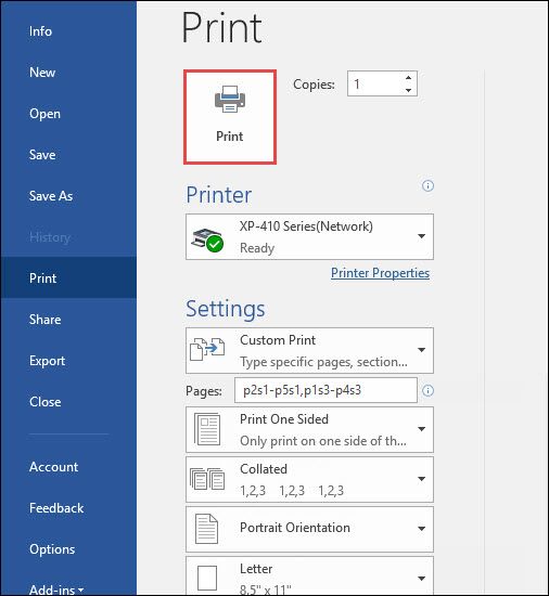 Кнопка печати в диалоге печати Word