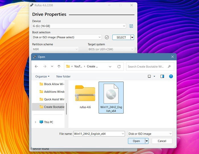 Вставка ISO Windows 11 в Rufus для диска G через кнопку Select.