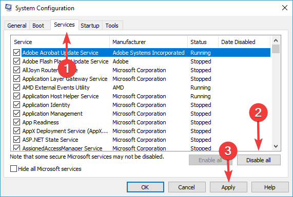 Вкладка 'Службы' в msconfig, кнопка 'Отключить все'