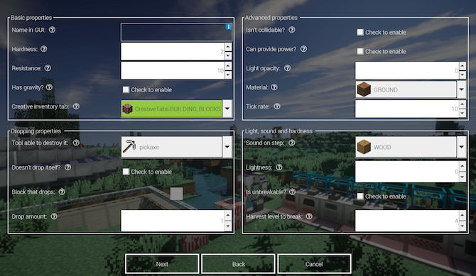 Set properties for a custom Minecraft block