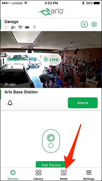 Экран выбора режима в приложении Arlo