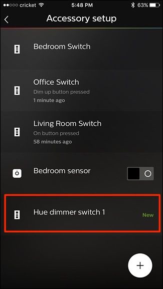 Список аксессуаров в приложении с добавленным Hue Dimmer Switch