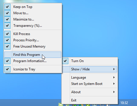 Настройка видимых опций через иконку в трее