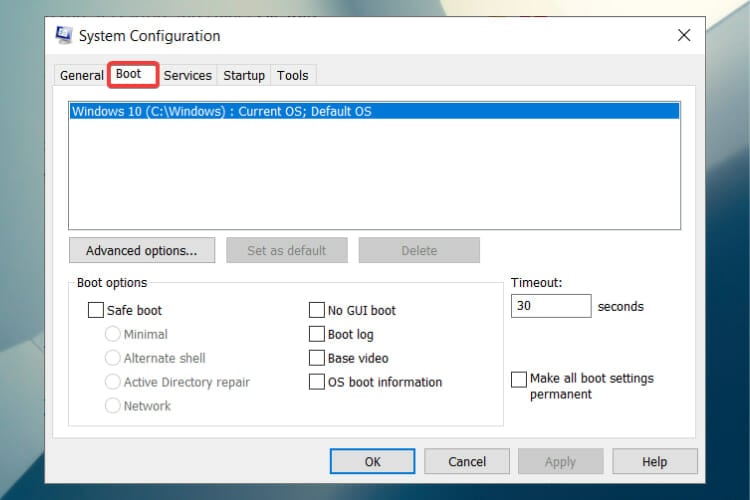 Вкладка загрузки Windows msconfig