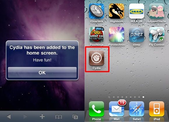Уведомление об установке Cydia после успешного джейлбрейка