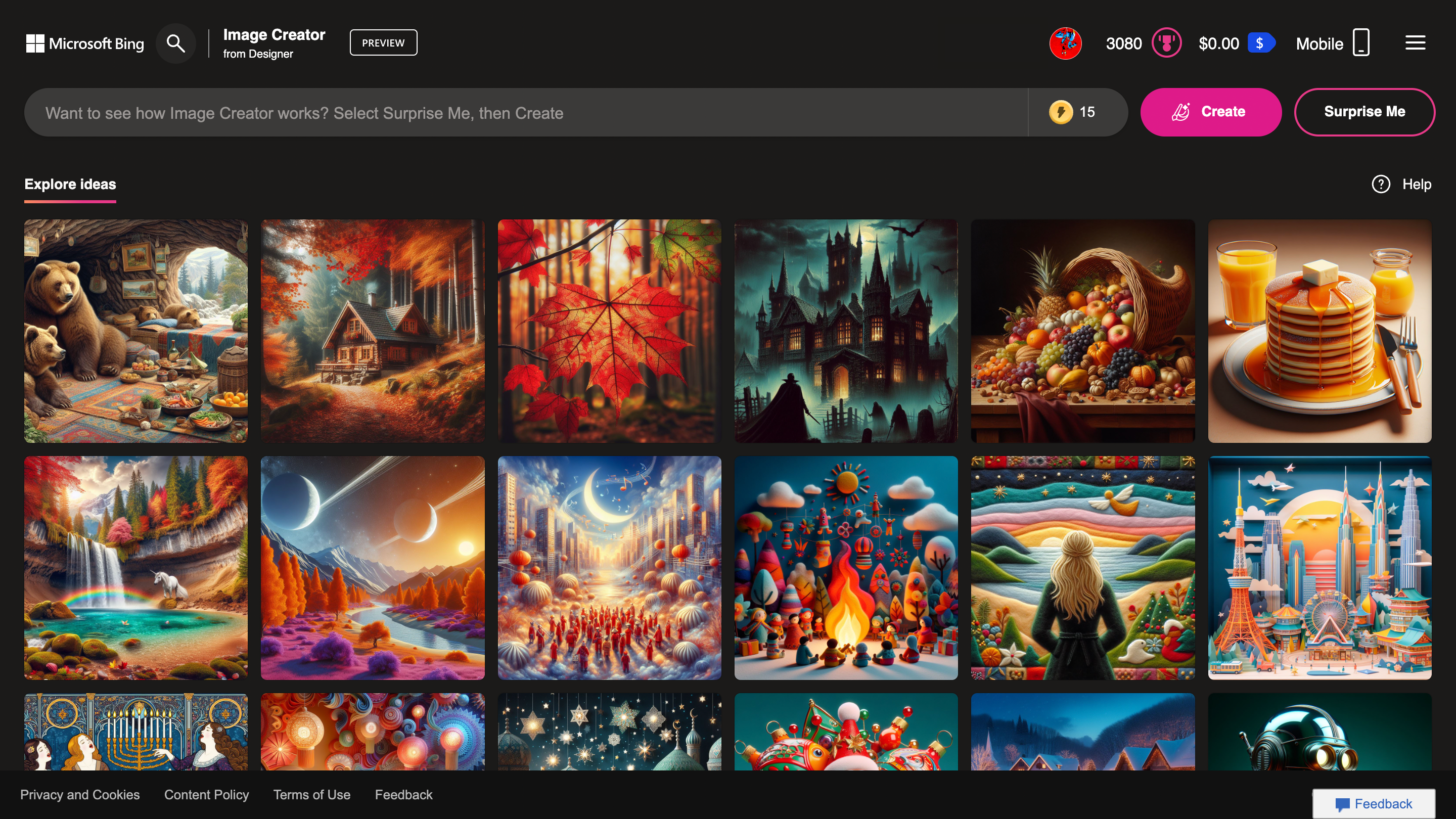 Страница генерации изображений Bing AI Image Creator