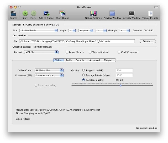 Основное окно HandBrake с панелью источника и настройками