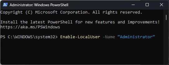 Команда PowerShell для включения администратора