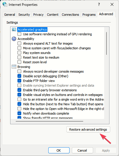 Кнопка «Восстановить параметры по умолчанию» в Internet Options