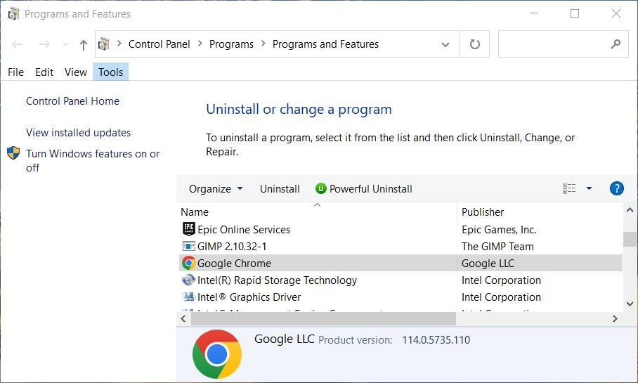 Аплет Программы и компоненты в Windows