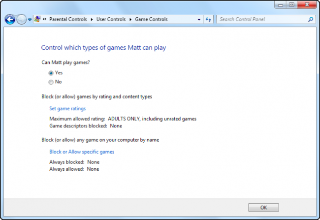 Изображение: выбор рейтингов для игр в Windows 7