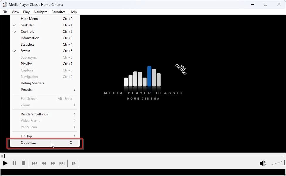MPC HC Options Menu Entry