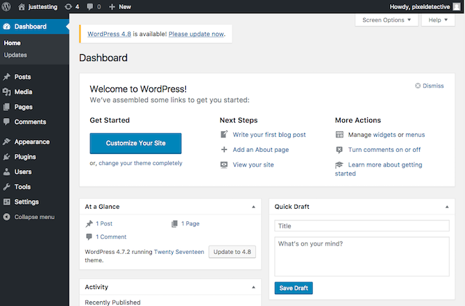 Панель администратора WordPress в Cloud9