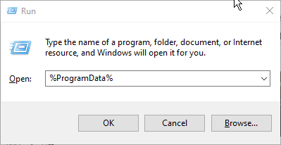 Окно Выполнить с введённым %ProgramData%