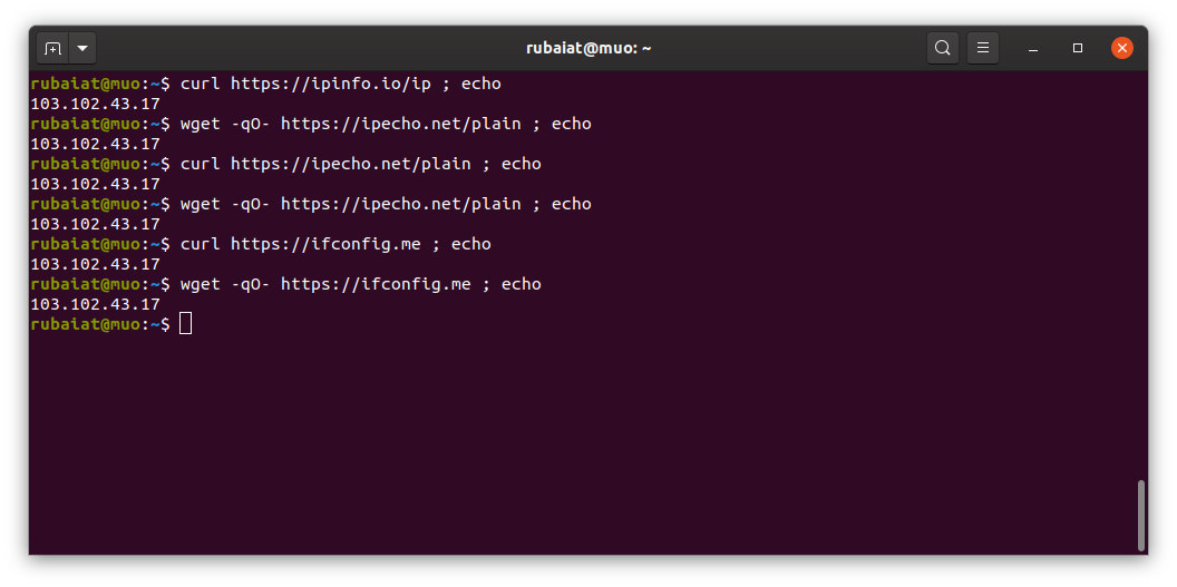 Скриншот: получение публичного IP с веб-сайтов через curl/wget
