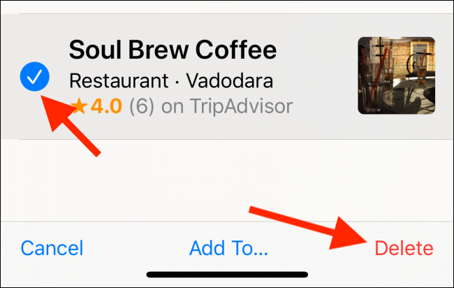 Выберите места для удаления и нажмите «Удалить»