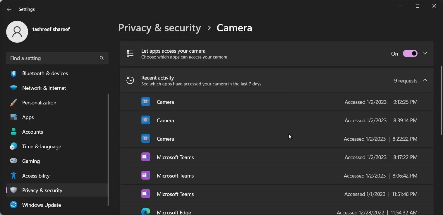 Недавняя активность приложений, использовавших камеру
