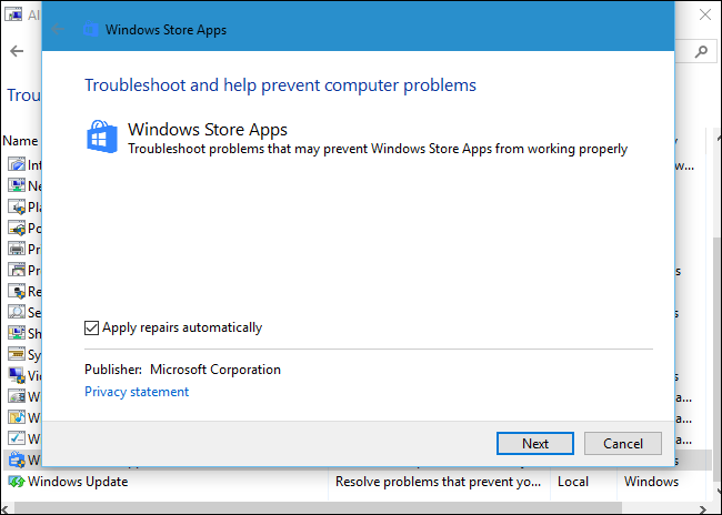 Опция Дополнительно в окне средства устранения неполадок