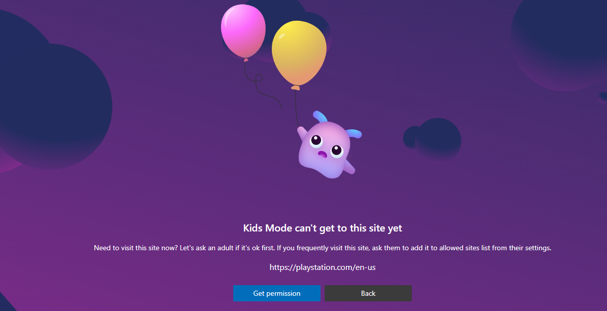 Страница блокировки сайта в Kids Mode с кнопкой Получить разрешение