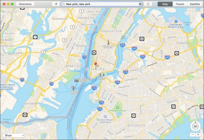 Интерфейс Apple Maps на macOS с кнопками режимов в правом верхнем углу