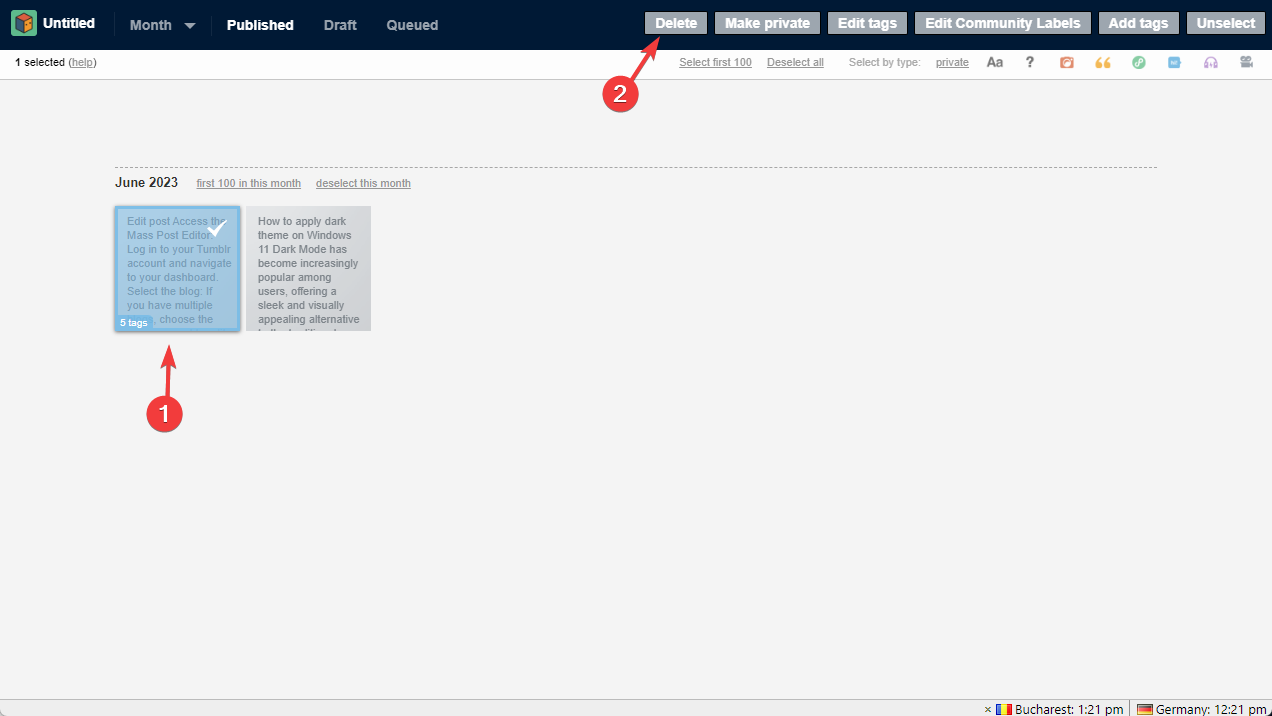 Опция Удалить в Mass Post Editor