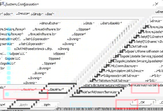 Список служб в msconfig с опцией Скрыть все службы Microsoft
