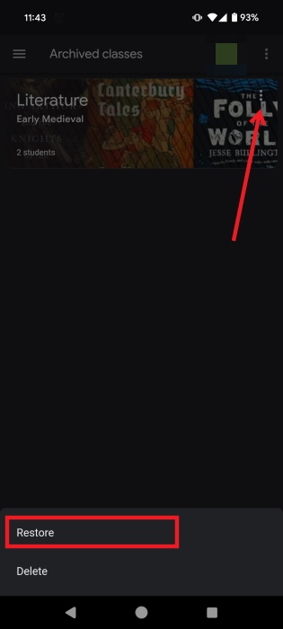 Выбор восстановления класса в мобильном приложении Google Classroom на Android.