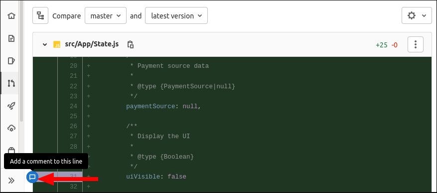 Скриншот: добавление комментария к строке исходного кода в Merge Request