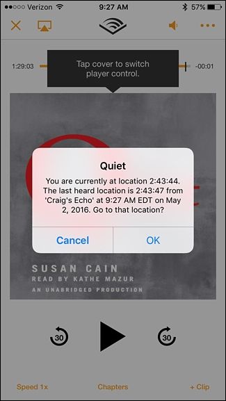 Подтверждение позиции воспроизведения в приложении Audible