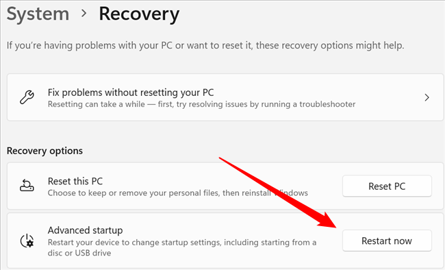 Кнопка «Перезагрузить сейчас» в разделе «Восстановление».