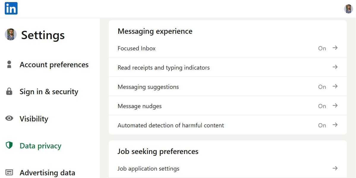 Опция Data privacy в LinkedIn