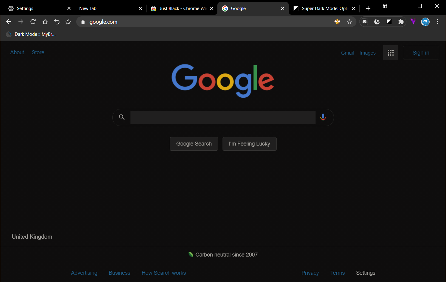Тёмный Google после включения Super Dark Mode