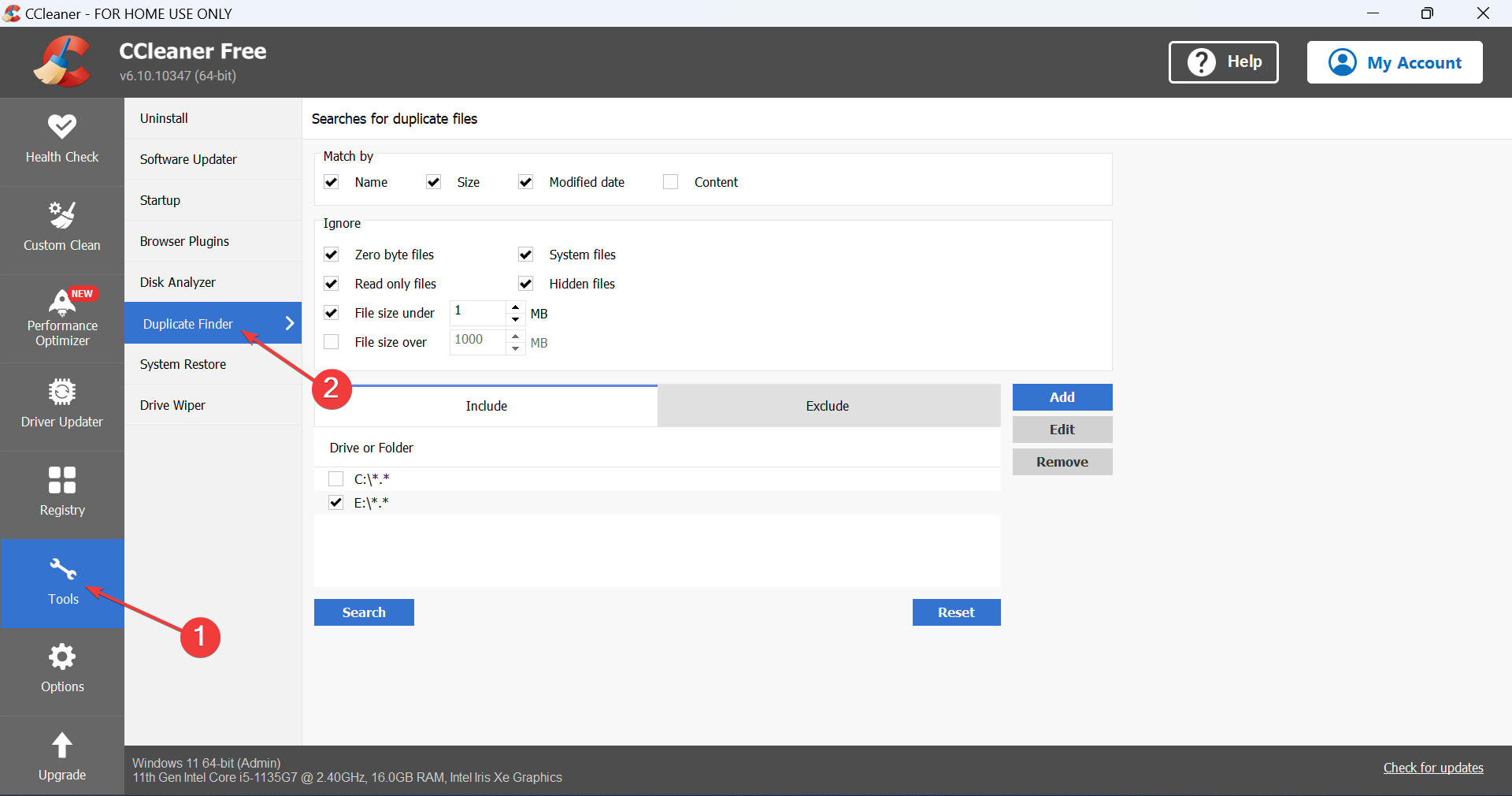 Интерфейс Duplicate Finder в CCleaner