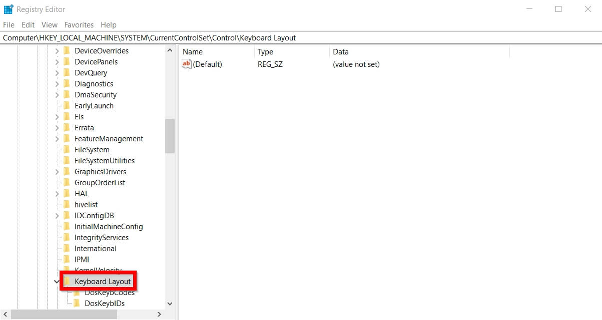 Seleccionando Keyboard Layout en el Editor de Registro